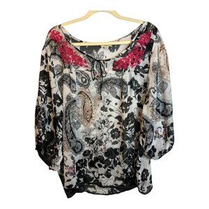 One World Blouse Women's Size XL Sheer Floral Lightweight Paisley Black White